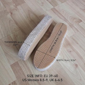 May include: A pair of beige espadrille soles with a jute-wrapped platform edge. The thickness is 1.57 inches, length is 10.43 inches, and width is 3.54 inches. Size info: EU 39-40, US Women 8.5-9, UK 6-6.5. The soles feature a wavy tread pattern.
