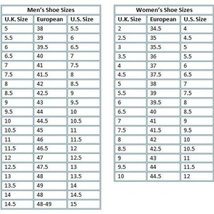 K&ouml;nnte beinhalten: Eine Tabelle, die Schuhgr&ouml;&szlig;en in UK, Europa und den USA f&uuml;r M&auml;nner und Frauen vergleicht.