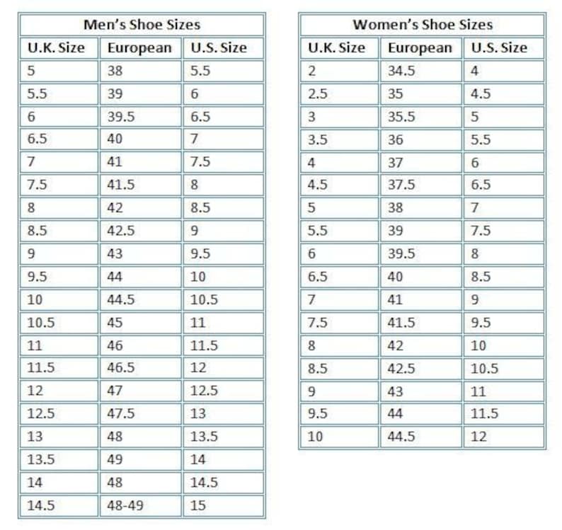 K&ouml;nnte beinhalten: Eine Tabelle, die Schuhgr&ouml;&szlig;en in UK, Europa und den USA f&uuml;r M&auml;nner und Frauen vergleicht.