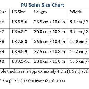 May include: A size chart for PU soles, with EU and US sizes, lengths in inches and centimeters, and widths in inches and centimeters. The sole thickness is approximately 1.6 inches at the heel and 1.2 inches at the front.