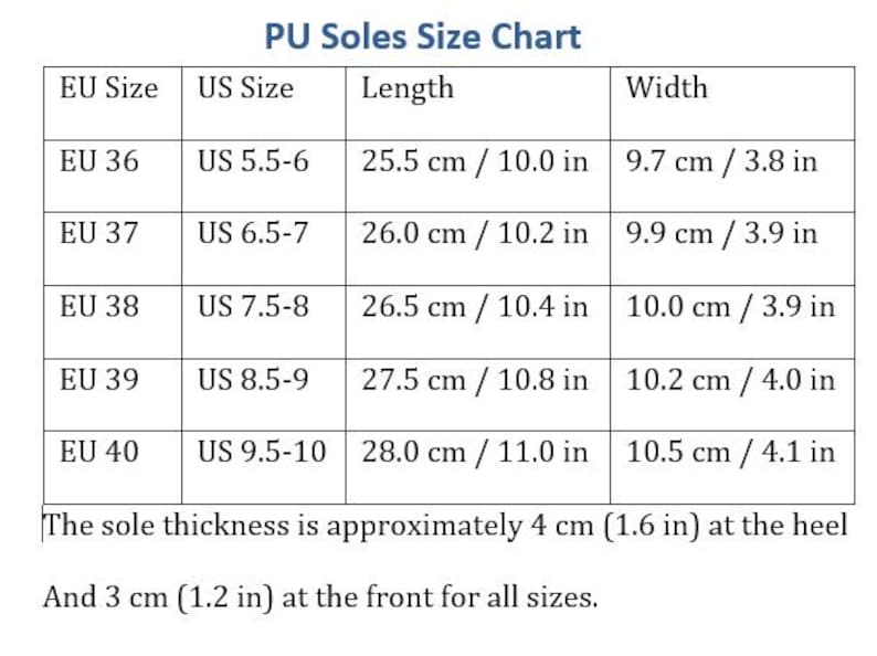 May include: A size chart for PU soles, with EU and US sizes, lengths in inches and centimeters, and widths in inches and centimeters. The sole thickness is approximately 1.6 inches at the heel and 1.2 inches at the front.