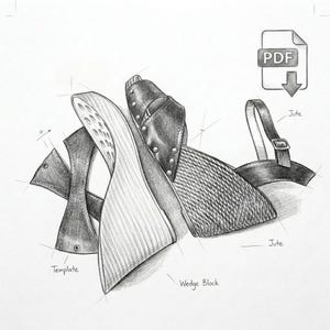 Op de afbeelding: Een grafietpotloodschets van een schoenontwerp met een sleehakblok, een sjabloon en jute onderdelen. De tekening bevat technische lijnen, labels voor Template, Wedge Block en Jute, en een PDF-pictogram in de rechterbovenhoek.