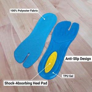 May include: Two blue shoe insoles with a split-toe design. One insole features a textured 100% polyester fabric surface. The other insole displays an anti-slip design, a yellow shock-absorbing heel pad, and a TPU gel construction for support.