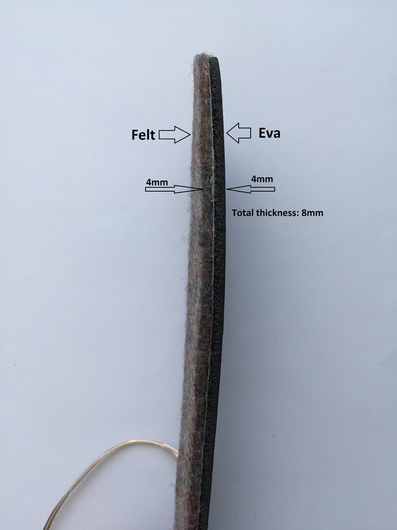 K&ouml;nnte beinhalten: Nahaufnahme einer seitlichen Ansicht von grauem Filz und schwarzem Eva-Material. Der Filz ist 4 mm dick und das Eva ist 4 mm dick, was eine Gesamtdicke von 8 mm ergibt.