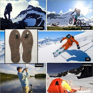 K&ouml;nnte beinhalten: Ein Paar braune, USB-betriebene Heizsohlen f&uuml;r kalte Wetteraktivit&auml;ten wie Skifahren, Snowboarden, Wandern und Camping. Die Sohlen sind auf einem wei&szlig;en Hintergrund mit Textbeschriftungen f&uuml;r jede Aktivit&auml;t abgebildet.