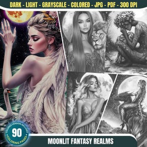 Moonlit Fantasy Realms: 90 kolorowanek dla dorosłych i dzieci Natychmiastowe pobieranie Kolorowanka w skali szarości do wydrukowania w formacie PDF i JPG Zestaw kolorowanek wróżek