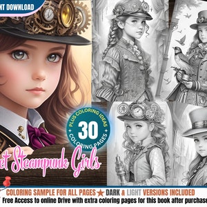 May include: A coloring book cover featuring four illustrations of steampunk girls with intricate details. The cover text reads "Sweet Steampunk Girls" with a pink background. The book includes 30 coloring pages and a bonus coloring sample for all pages.