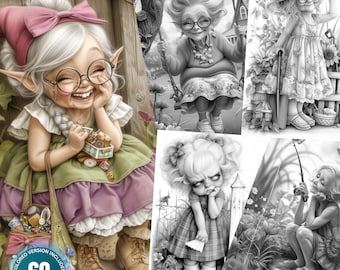 Garden Gnome 6: Grandma Gnomes - 60 Coloring Pages for Adults and Kids Instant Download Grayscale Coloring Book Printable PDF & JPG Bundle