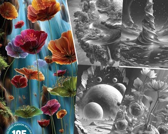 Paisajes de fantasía atmosférica: 125 páginas para colorear para adultos. Descarga instantánea. Tierra mágica en escala de grises. Paquete de páginas para colorear imprimibles en PDF y JPG.