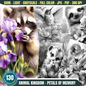 Peut inclure: Une couverture de livre de coloriage représentant une collection d'animaux adorables entourés de fleurs. La couverture comprend un raton laveur, un colibri, un paresseux, un furet et un lionceau. Le titre du livre est "Animal Kingdom - Petals of Memory".