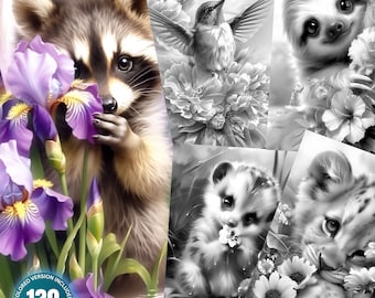 Animal Kingdom - Petals of Memory : 130 Coloring Pages Mega Bundle for Adults and Kids Instant Download Grayscale Coloring Book PDF & JPG