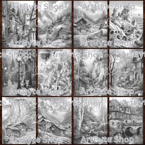 May include: A collection of grayscale art prints featuring detailed illustrations of various landscapes and architectural scenes. Each print showcases a different setting, including villages, mountains, and forests. The "ArtByte Shop" logo is visible on each print.