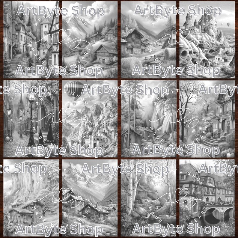 May include: A collection of grayscale art prints featuring detailed illustrations of various landscapes and architectural scenes. Each print showcases a different setting, including villages, mountains, and forests. The "ArtByte Shop" logo is visible on each print.