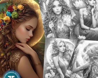 Moonlit Fantasy: 75 Coloring Pages for Adults and Kids Instant Download Grayscale Coloring Book Printable PDF & JPG Fairy Coloring bundle