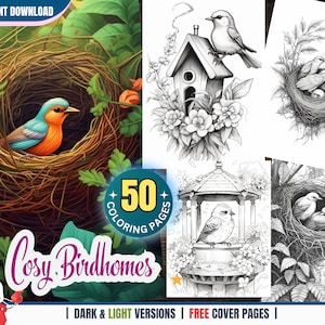 50 Cosy Birdhomes Coloring Pages Collection for Adults + kids Instant Download Grayscale Coloring Book Printable PDF Bird Houses, Bird Nests