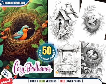 May include: A colouring book cover featuring a bird in a nest, a birdhouse with flowers, and a bird in a gazebo. The cover also includes the text "Cosy Birdhomes" and "50 Colouring Pages".