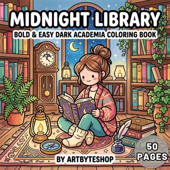 Midnight Library Bold and Easy Coloring Book, Dark Academia Digital PDF, Large Print Simple Gothic Aesthetic Adult Coloring Pages Download