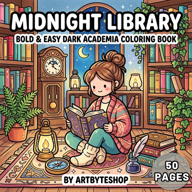 May include: Illustration of a coloring book titled "Midnight Library" with a cartoon girl reading in a library. The book has 50 pages and is described as a bold and easy dark academia coloring book. The scene includes bookshelves, a clock, and a compass.