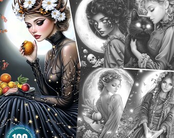 May include: A digital art print featuring a collection of illustrations with a witchy theme. The images include a woman with a floral crown, a woman with a black cat, and other mystical figures. The text reads "AUTUMNAL WITCHCRAFT & HARVEST MOON MAGIC" and "100 COLORING PAGES".