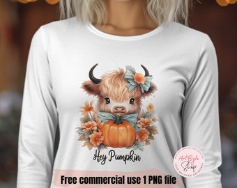 Hey Kürbis PNG Sublimation Design digitaler Download, süße Highland Kuh PNG, Herbst Png, Herbst PNG T-Shirt Design süße Highland Kuh Design