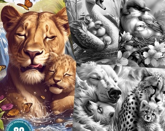 Animal Kingdom 2 - Mother Love : 80 Coloring Pages Mega Bundle for Adults and Kids Instant Download Grayscale Animal Coloring Book PDF & JPG