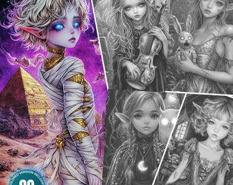 Halloween Elves: 90 Coloring Pages for Adults and Kids Instant Download Grayscale Coloring Book Printable PDF& JPG Halloween Coloring Bundle