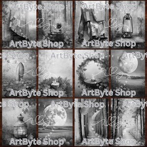 May include: A collage of eight black and white images with the text "ArtByte Shop" and "Made with the Heart" on each image. The images feature a variety of objects, including a rocking chair, a lantern, a candle, a moon, and a forest.