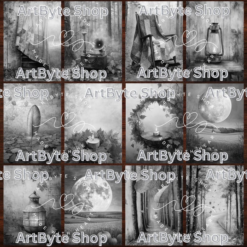 May include: A collage of eight black and white images with the text "ArtByte Shop" and "Made with the Heart" on each image. The images feature a variety of objects, including a rocking chair, a lantern, a candle, a moon, and a forest.