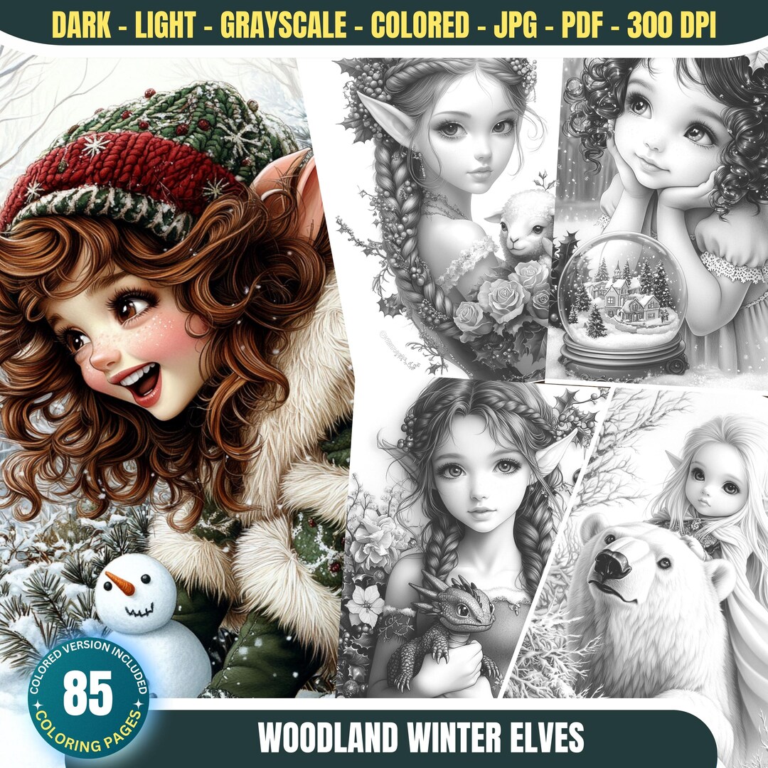 Woodland Winter Elves: 85 Christmas Coloring Pages for Adults and Kids ...