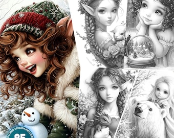May include: A digital art collection titled "Woodland Winter Elves" featuring a colorful illustration of a smiling elf with a snowman, and grayscale images of elves with a lamb, a snow globe, a dragon, and a polar bear. The collection includes 85 coloring pages.