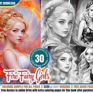 30 Magical Fire Fairy Girls Coloring Pages for Adults and Kids, Grayscale Coloring Book, Fantasy Coloring, Printable PDF Digital Download