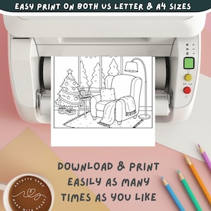 May include: A black and white coloring page of a cozy living room scene with a Christmas tree, armchair, and a window. The image is being printed from a white printer. Text on the image reads "EASY PRINT ON BOTH US LETTER & A4 SIZES" and "DOWNLOAD & PRINT EASILY AS MANY TIMES AS YOU LIKE."