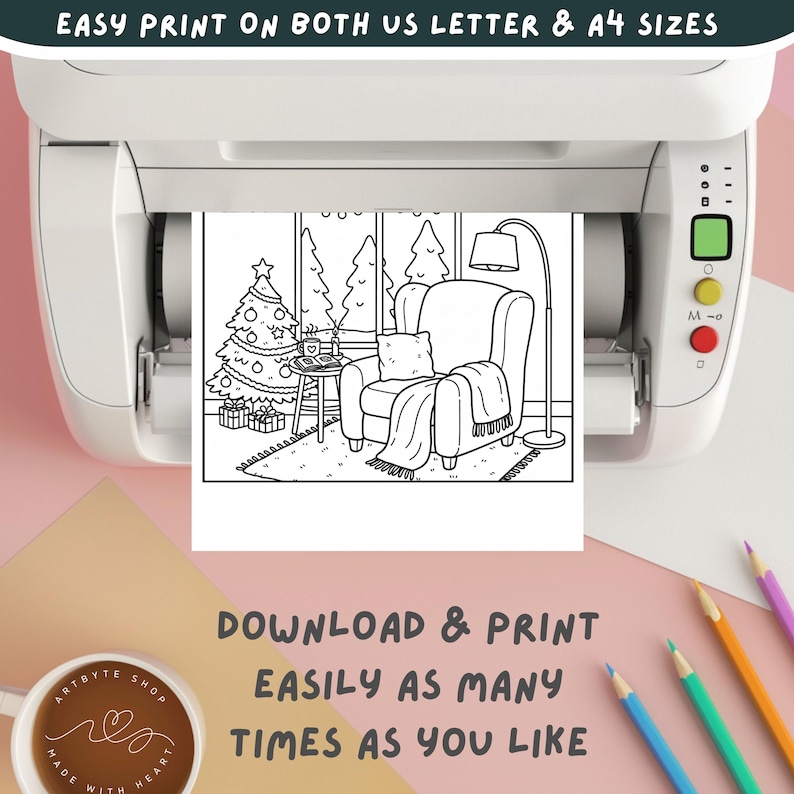 May include: A black and white coloring page of a cozy living room scene with a Christmas tree, armchair, and a window. The image is being printed from a white printer. Text on the image reads "EASY PRINT ON BOTH US LETTER & A4 SIZES" and "DOWNLOAD & PRINT EASILY AS MANY TIMES AS YOU LIKE."