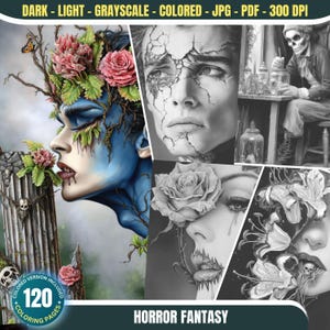 Puede incluir: Una impresión de arte digital que presenta imágenes de terror de fantasía. Las imágenes incluyen una figura de piel azul con elementos florales, retratos en escala de grises y una figura de esqueleto. También se incluye el texto "HORROR FANTASY" y "120 COLORING PAGES".