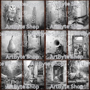 May include: A collage of nine black and white images featuring various objects and scenes. The images include a pear, a bird, a gramophone, a house, and a forest path. The images are arranged in a grid pattern and each image has the text "ArtByte Shop" at the top and bottom.