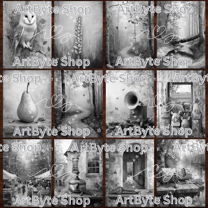 May include: A collage of nine black and white images featuring various objects and scenes. The images include a pear, a bird, a gramophone, a house, and a forest path. The images are arranged in a grid pattern and each image has the text "ArtByte Shop" at the top and bottom.