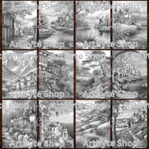 May include: A collection of grayscale art prints featuring various landscape scenes. The images include buildings, windmills, mountains, and water features. The text "ArtByte Shop" and "MADE WITH HEART" are visible on the prints.
