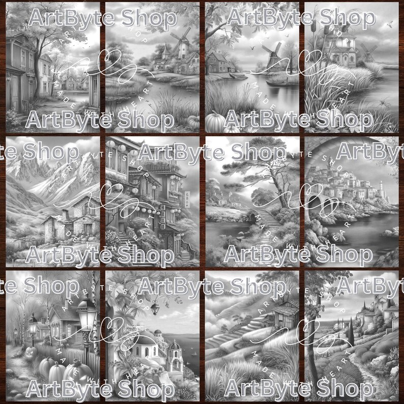 May include: A collection of grayscale art prints featuring various landscape scenes. The images include buildings, windmills, mountains, and water features. The text "ArtByte Shop" and "MADE WITH HEART" are visible on the prints.