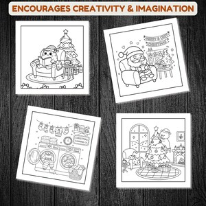 May include: Four black and white Christmas-themed coloring pages. Each page features a different holiday scene, including Santa Claus, a Christmas tree, and a cozy living room. The text at the top reads "ENCOURAGES CREATIVITY & IMAGINATION."