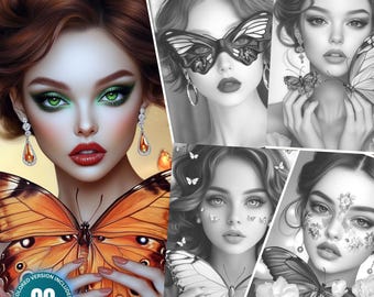 May include: A set of 90 coloring pages featuring stunning illustrations of women with butterflies. The images are in black and white, with a colored version included.