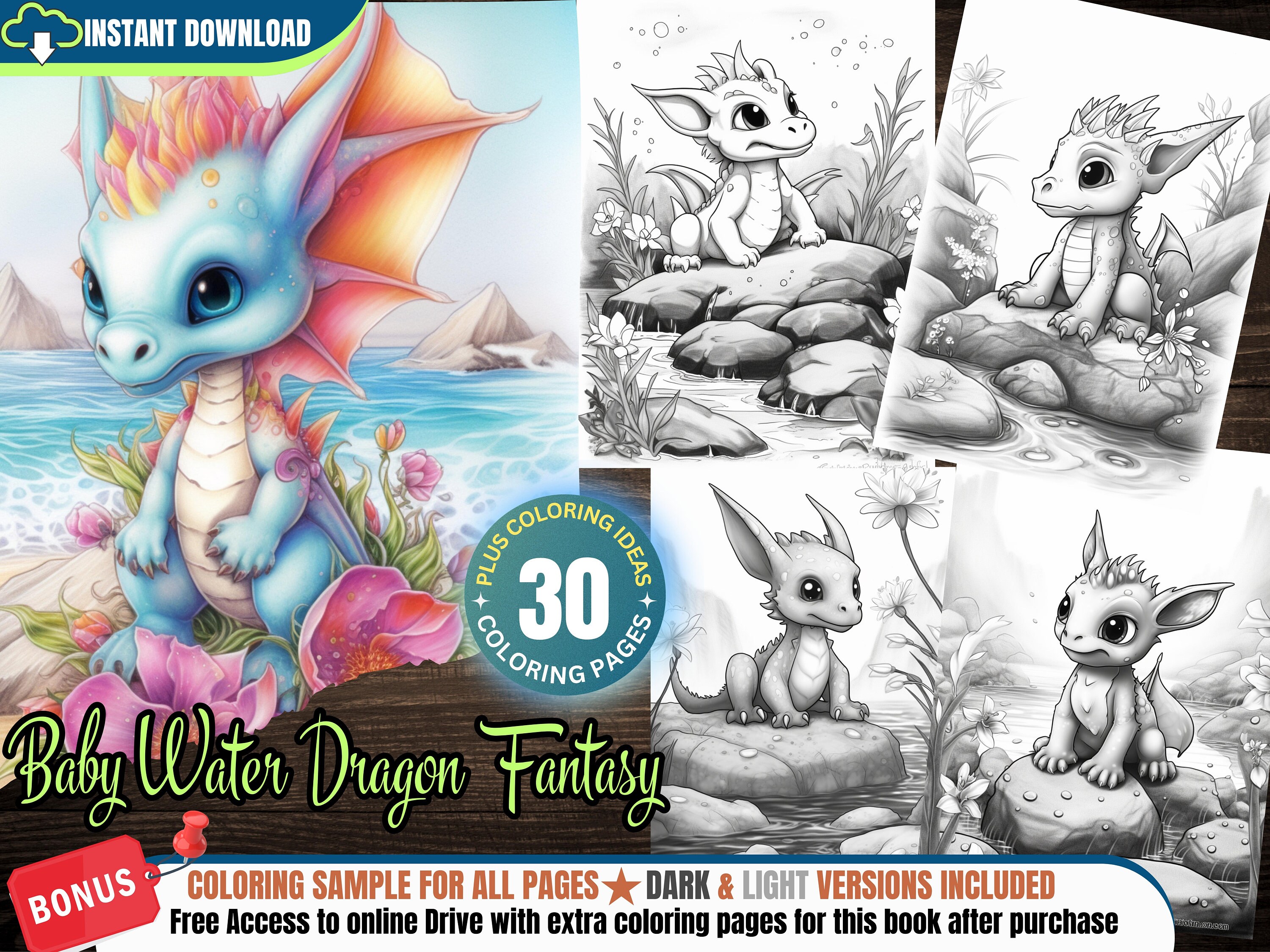 Water Baby Dragon Fantasy 30 Coloring Pages Book Plus 30 - Etsy