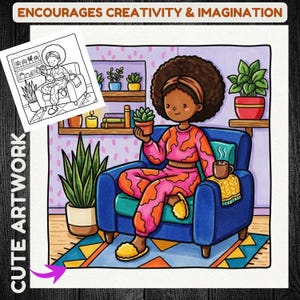 May include: Colorful illustration of a person in a blue armchair holding a potted plant, wearing a pink and orange patterned outfit. The image includes text that reads "ENCOURAGES CREATIVITY & IMAGINATION" and "CUTE ARTWORK". The background features plants and a patterned wall.