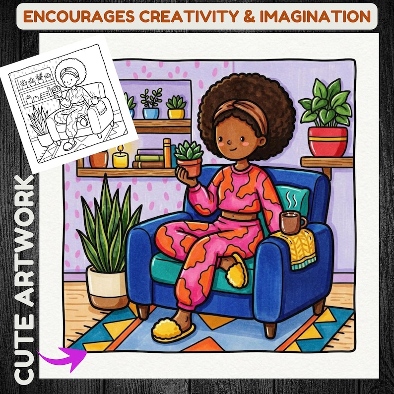 May include: Colorful illustration of a person in a blue armchair holding a potted plant, wearing a pink and orange patterned outfit. The image includes text that reads "ENCOURAGES CREATIVITY & IMAGINATION" and "CUTE ARTWORK". The background features plants and a patterned wall.