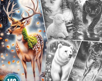 Animales fantásticos: 140 hermosas páginas para colorear para adultos y niños. Descarga instantánea. Libro de animales en escala de grises. Paquete para colorear en formato PDF y JPG para imprimir