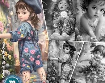 May include: A digital art compilation featuring illustrations of young girls in various poses and settings. The images include both colored and grayscale versions. The text includes "DARLING FLORAL CUTIES" and "70 COLORING PAGES".