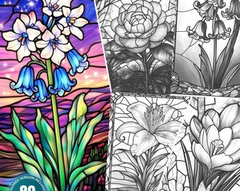 Superbes fleurs en vitrail : 80 pages à colorier pour adultes et enfants, téléchargement immédiat, livre de coloriage en niveaux de gris, imprimable PDF et JPG, ensemble de fleurs