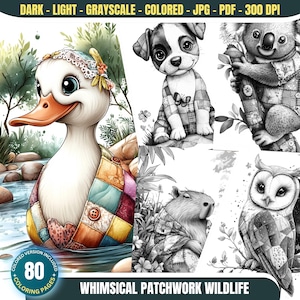 Może przedstawiać: Zestaw 80 stron do kolorowania z fantazyjnymi zwierzętami w patchworku. Obrazy przedstawiają kaczkę, koalę, psa, kapibarę i sowę. Każde zwierzę nosi patchworkową kołdrę.