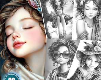 Bohemian Girls Book 2: 90 Coloring Pages for Adults and Kids Instant Download Grayscale Coloring Book Printable PDF & JPG Boho Flower Girls