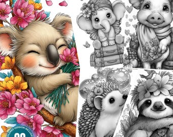 Adorable Flower Baby Animals: 90 Cute Animal Coloring Pages for Adults and Kids Easy Grayscale Coloring book Fantasy PDF&JPG Animal Coloring
