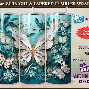 3D Butterfly 20 oz and 30 oz Skinny Tumbler Sublimation Design Straight & Tapered Tumbler Wrap Instant Digital Download PNG Flower Butterfly